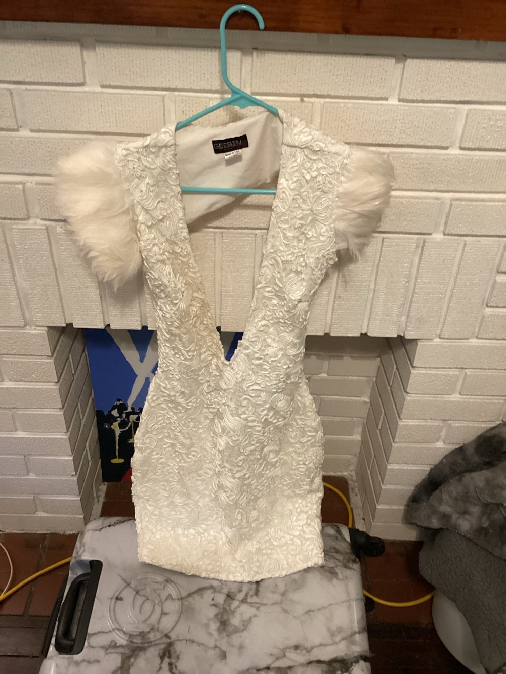 Backless White Textured Mini Dress with Feathered Cap Sleeves